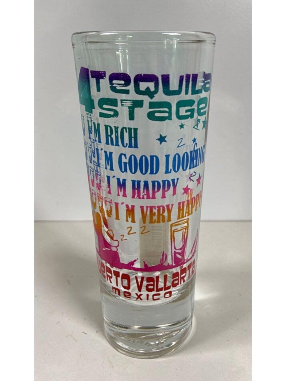 Puerto Vallarta Mexico Shot Glass 4 Tequila Stages Colorful Funny Text Print